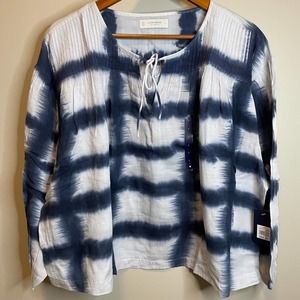NWT! LUCKY BRAND Printed 280 Cream Blue Peasant Blouse - Women's Size L